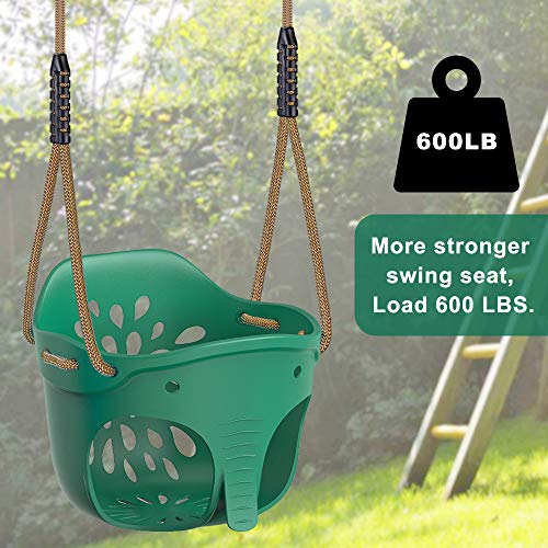 Dolibest Asiento de columpio con respaldo alto completo para niños con cuerda ajustable, bonito juego de columpio de elefante para patio de recreo, límite de peso de 600 libras, 2 mosquetones, color verde