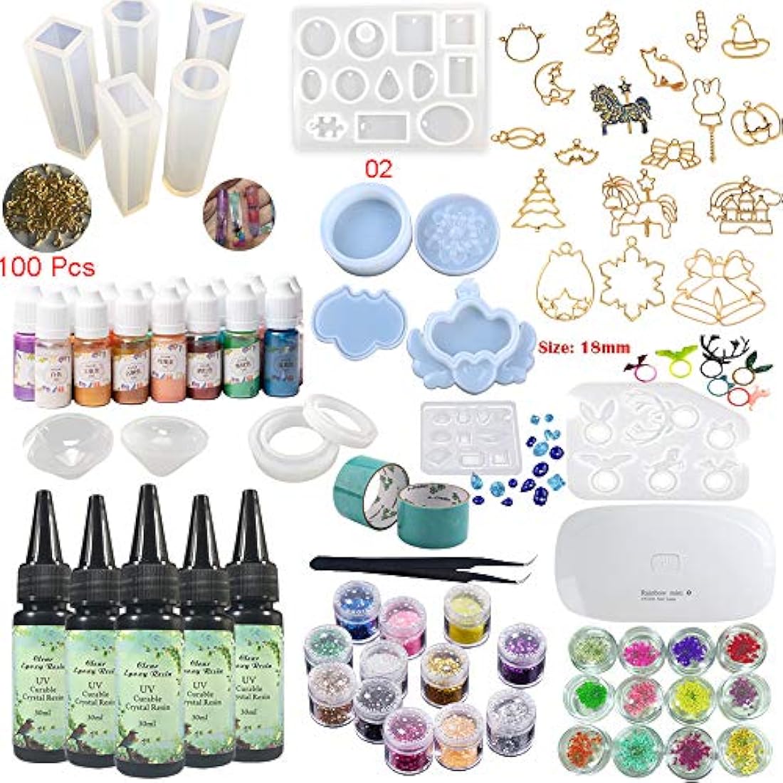 Kit de resina transparente con pigmentos y moldes y luz UV, 5 resinas epoxi 15 pigmentos de color nacarado 24 purpurinas y flores 31 moldes y biseles, pendientes, pulseras, anillos, colgantes, joyería, con pinzas