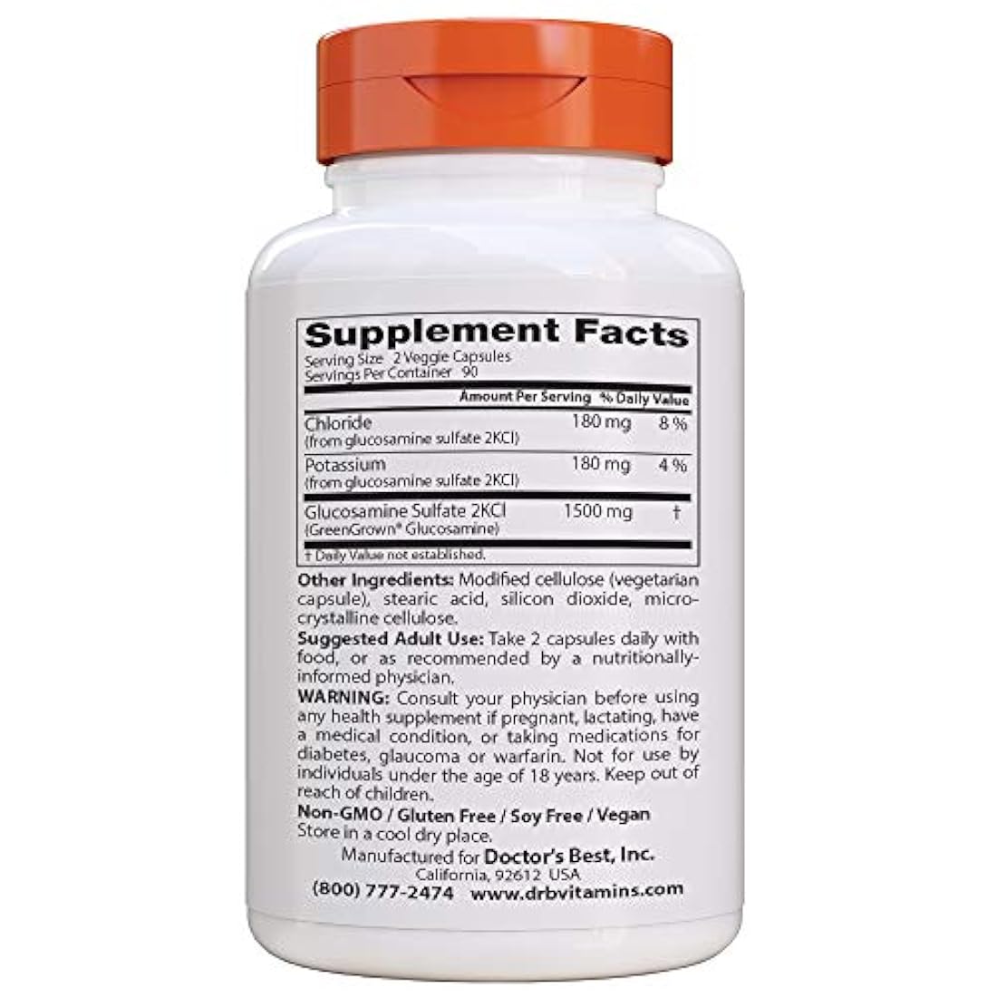 Sulfato vegano de glucosamina Doctor's Best Vegan, soporte para articulaciones, sin OMG, vegano, sin gluten, sin soja, 750 mg 180 cápsulas vegetarianas