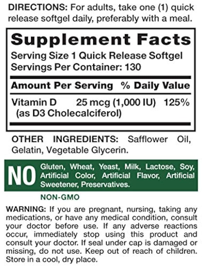 Vitamina D3 1000 UI | 130 cápsulas blandas | Alta potencia D | Sin OMG, sin gluten, sin soja | por Nature 's Truth