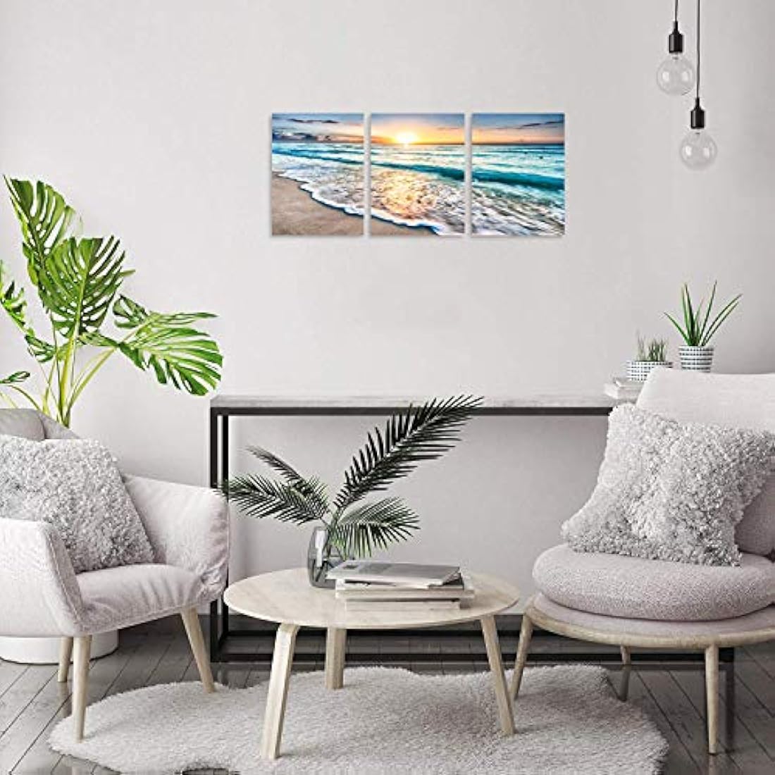 Tríptico de pared con pintura de puesta de sol en la playa