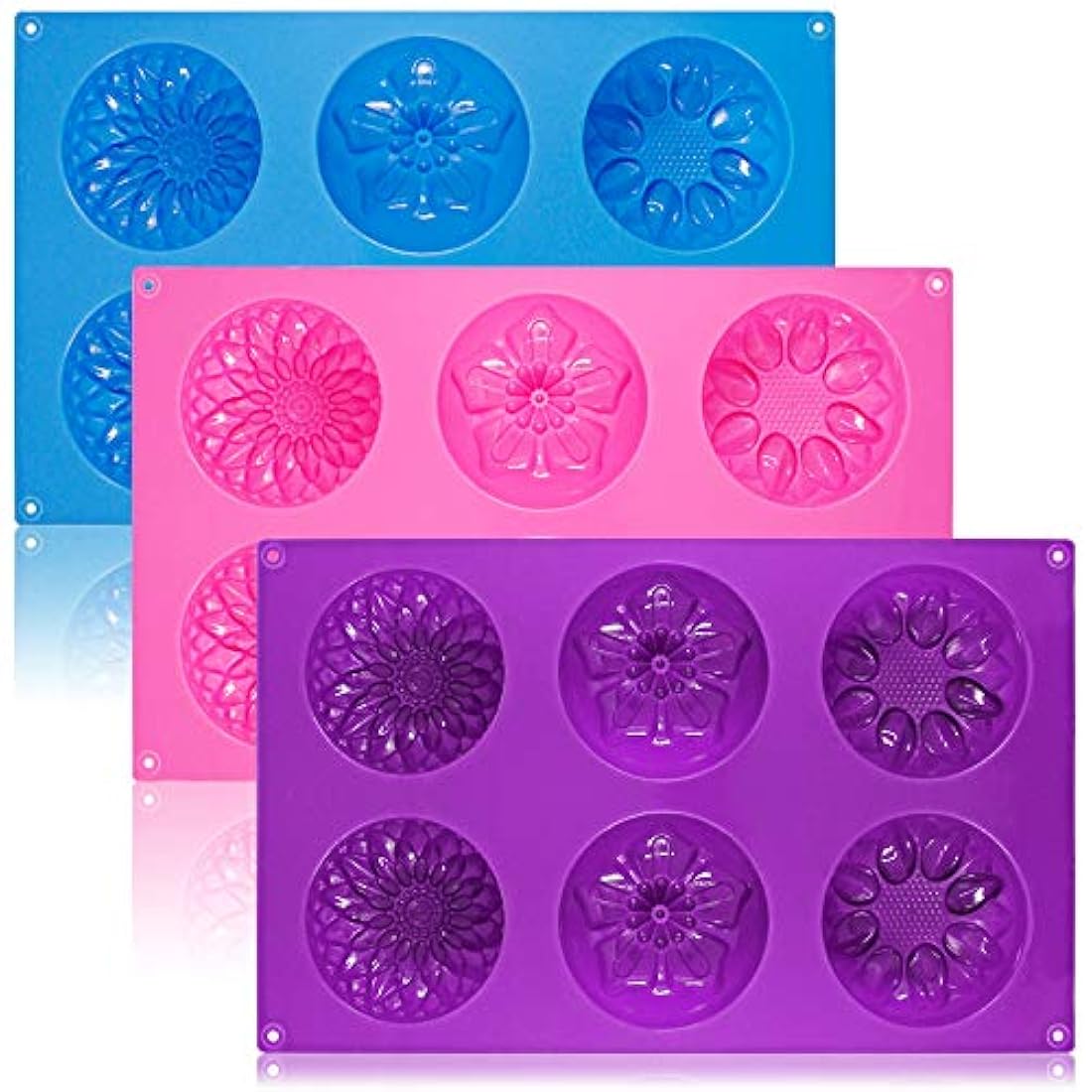 6-Cavity Silicone Flower Shape Cake Molds, SENHAI 3 Packs Fondant Shape Decorating Ice Cube Trays for Homemade Cake Chocolate Cupcake - Purple Blue Pink