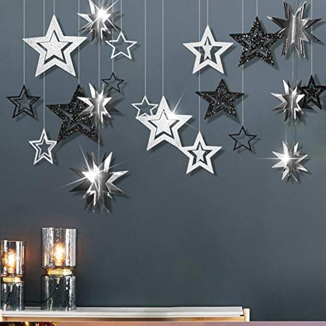 Glitter Negro Carbón Gris Plata Estrella Guirnalda