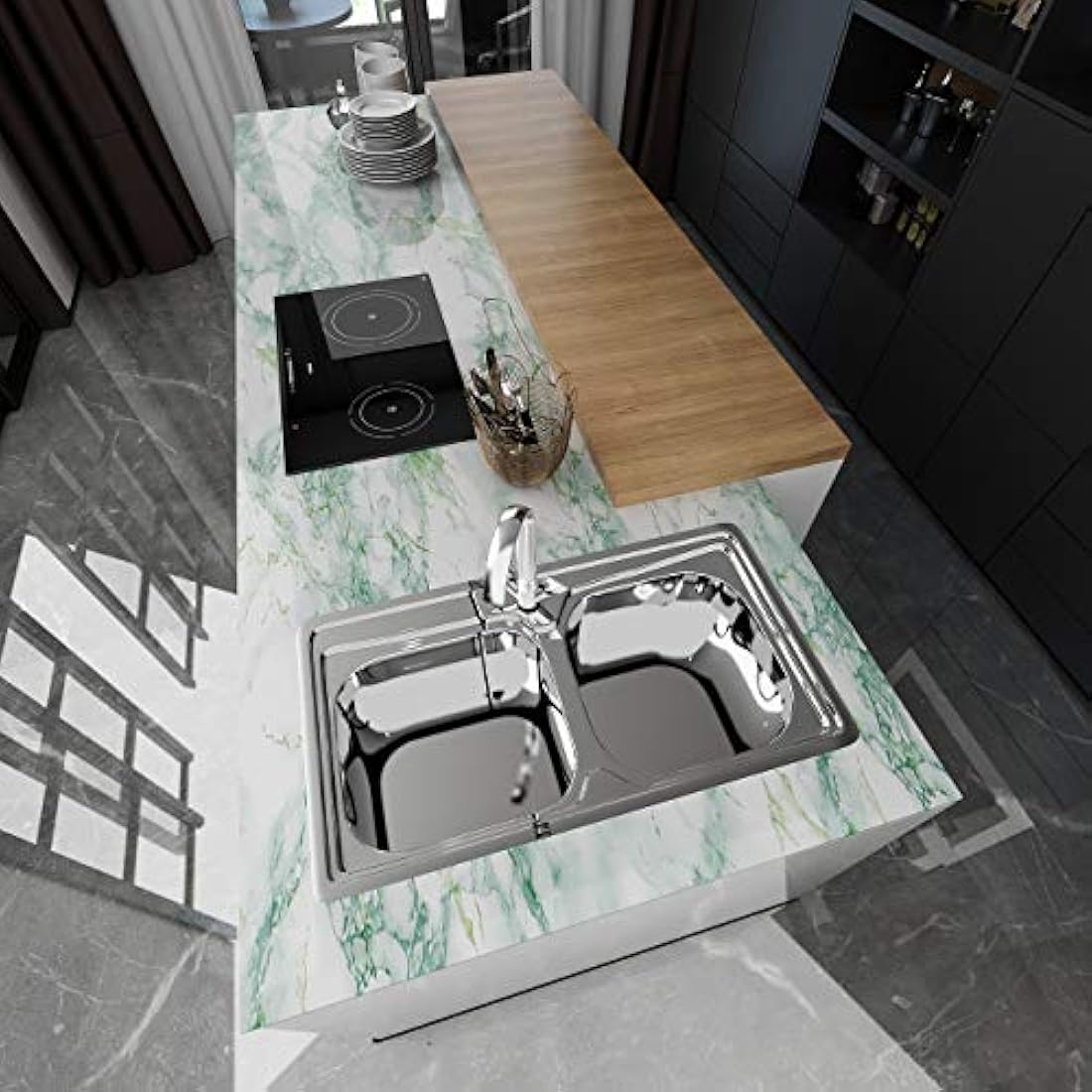 Papel vinilo adhesivo tipo mármol verde (15.74x118.11)