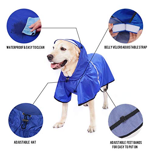 Chubasquero para perros con correa ajustable para el vientre y agujero para correa, sudadera con capucha con tira reflectante, impermeable, ligera, transpirable, poncho de lluvia para perros medianos y grandes, fácil de llevar