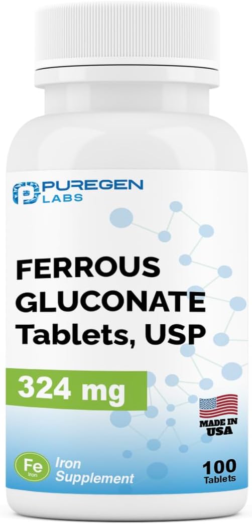 Suplemento Puregen Labs Gluconato ferroso 324 mg 100 un
