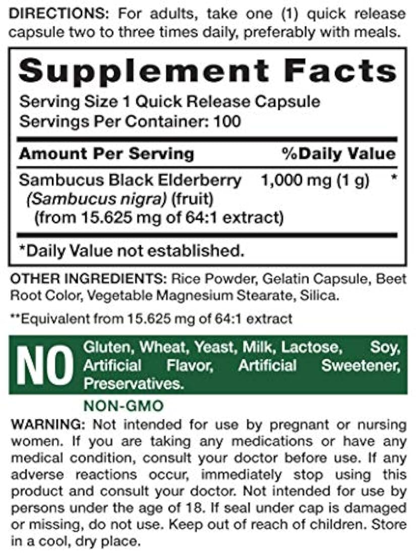 Nature's Truth - Cápsulas de saúco (1000 mg, 100 unidades)