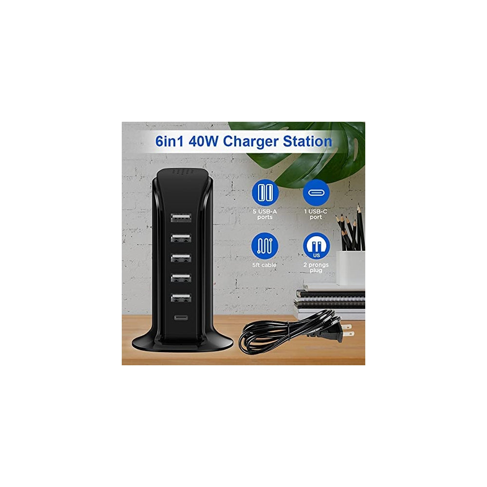 Cargador o Bloque de carga 6 en 1 USB C con 5 puertos negro