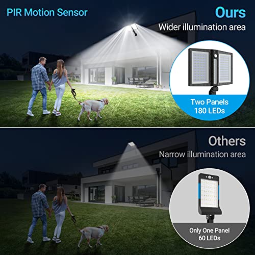 Ropelux Luces solares para exteriores, sensor de movimiento para exteriores, panel solar de doble tamaño, 15 x 7.5 pulgadas, IP65 impermeable y 3 modos (seguridad/siempre encendido/atenuación automática), 180 LED de alto brillo más amplio área iluminada.