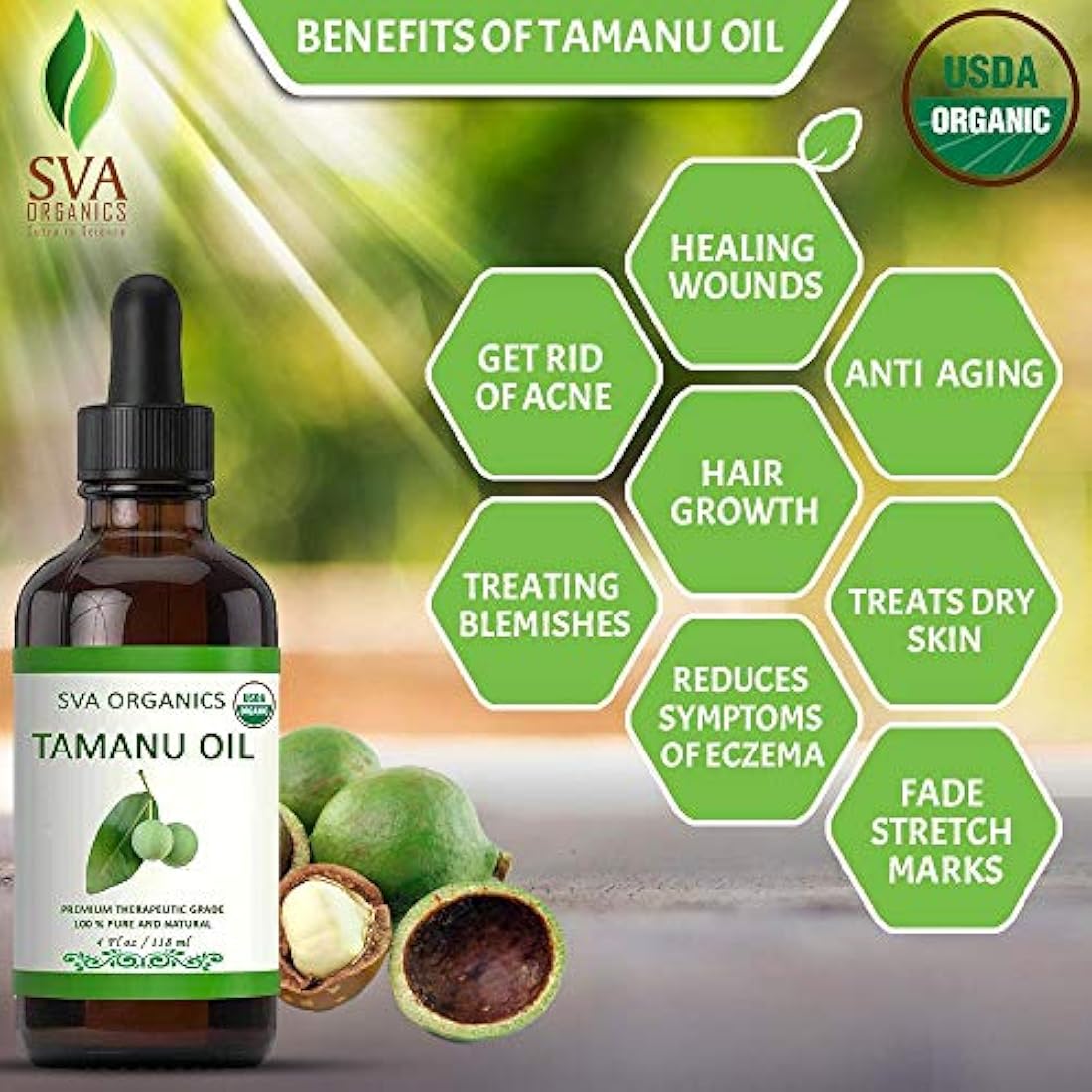 Aceite de tamanu orgánico certificado USDA prensado en frío 4 oz (118 ML) – 100% puro natural de grado premium por SVA Organics – sin refinar aromático, perfecto para la piel del cabello, la cara y la piel natural aceite tradicional