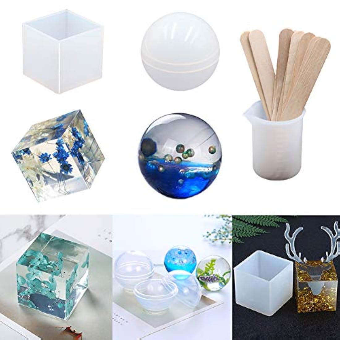 EuTengHao - Juego de 18 moldes de silicona para moldeo de resina, incluye 6 moldes de resina de fundición, moldes grandes de silicona transparente, 2 tazas de medición, 10 palos de madera para decoración del hogar