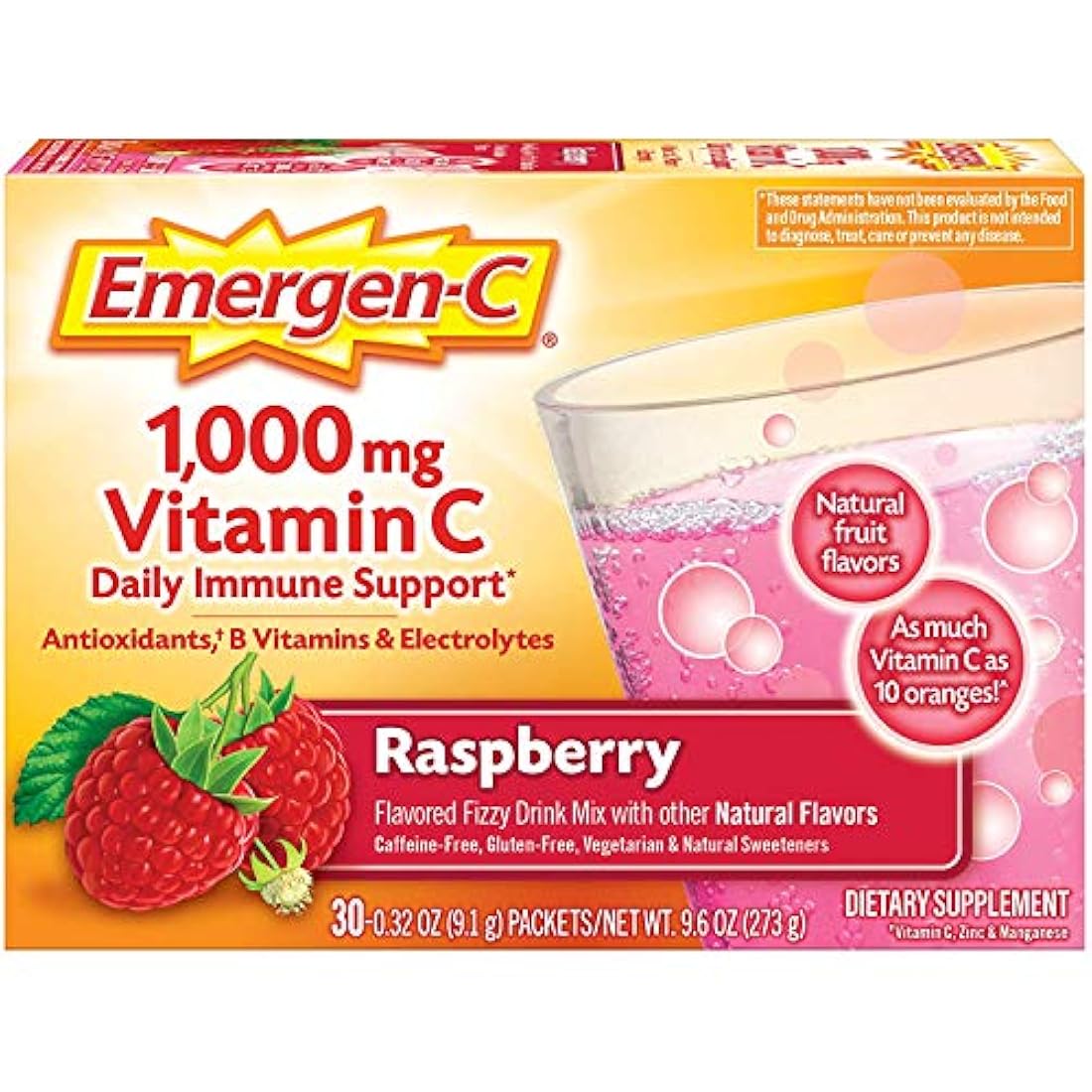 Emergen-C 1000 mg de vitamina C en polvo, con antioxidantes, vitaminas B y electrolitos, suplementos de vitamina C para apoyo inmune, mezcla de bebida libre de cafeína, sabor a frambuesa – Suministro de 60 unidades/2 meses