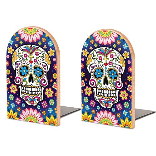 Flower Paisley Sugar Skull Cute Book EndsWooden Bookends Holder for Shelves Books Divider Modern Decorative 1 Pair