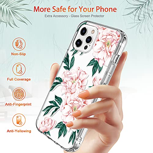GiiKa Funda para iPhone 12 Pro Max con protector de pantalla, transparente de cuerpo completo a prueba de golpes de protección floral para niñas y mujeres con carcasa rígida de TPU para iPhone 12 Pro Max, flores rosas
