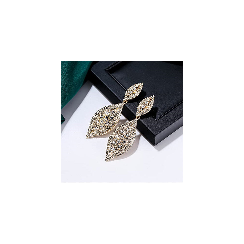 Aretes colgantes de 2 hojas con cristales de estrás dorado