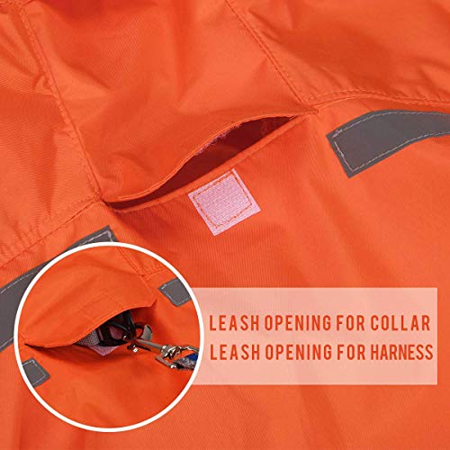 Impermeable para perros con correa ajustable para el vientre y agujero para correa, sudadera con capucha con tira reflectante, impermeable, ligero, transpirable, poncho de lluvia para perros medianos y grandes, fácil de usar, naranja, 3XL