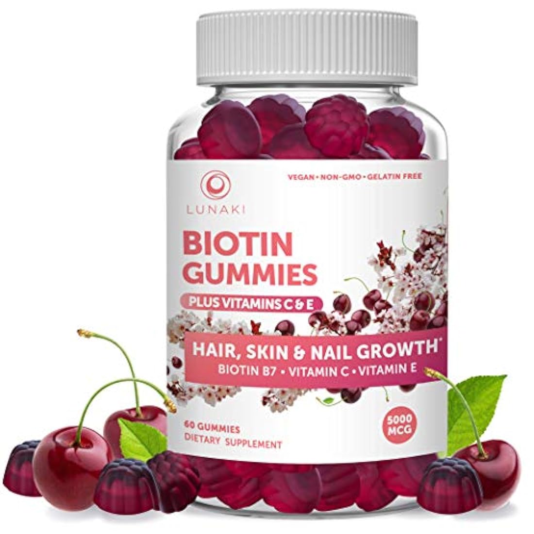 Lunaki Biotin - Gomitas para piel y uñas con vitamina C y E, veganas sin OMG, sin jarabe de maíz, promueve el colágeno natural, la queratina y el crecimiento del cabello, suministro de 30 días