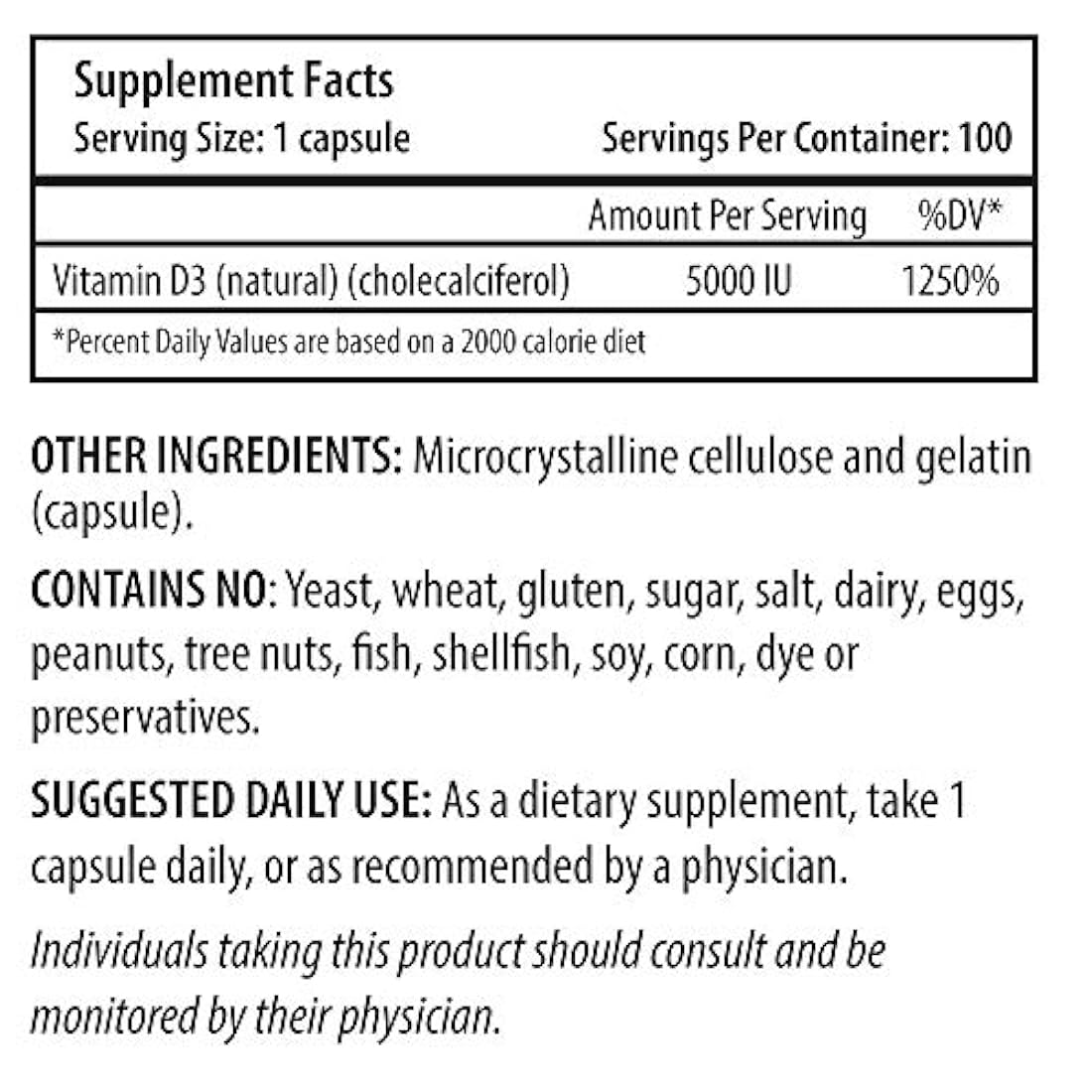 Vitamina D3 5000 IU (5000 IU, 100 Cápsulas) – prohealth