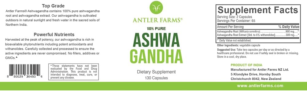Antler Farms Ashwagandha 1200mg 130 Cápsulas 5% Withanolides