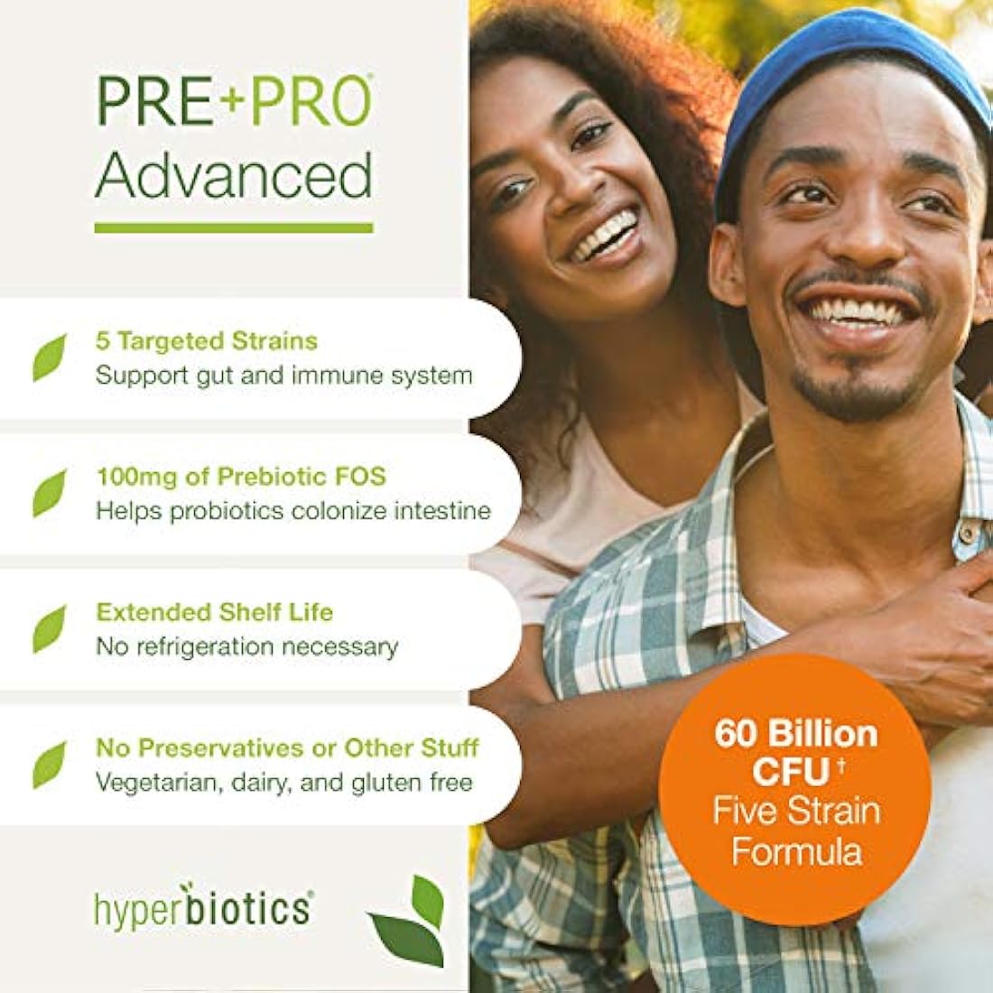 Hyperbiotics PRE-PRO Advanced Strength: Prebiótico y Probiótico Premium 60 mil millones de CFU Formulación – 60 cápsulas lácteas y sin gluten
