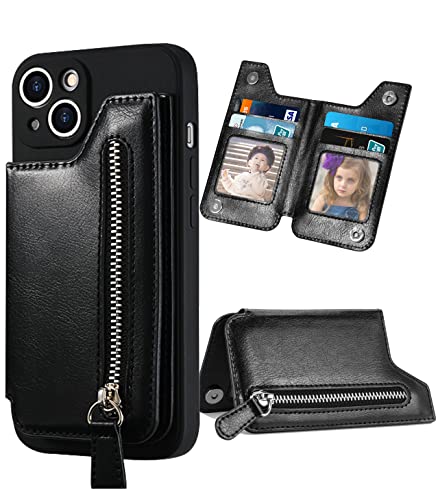 TopFunny Cartera adhesiva para funda de teléfono, tarjetero adhesivo de crédito para la parte posterior de las fundas del teléfono, funda de cuero con cremallera, compatible con iPhone, Samsung Galaxy la mayoría de los smartphones, color negro