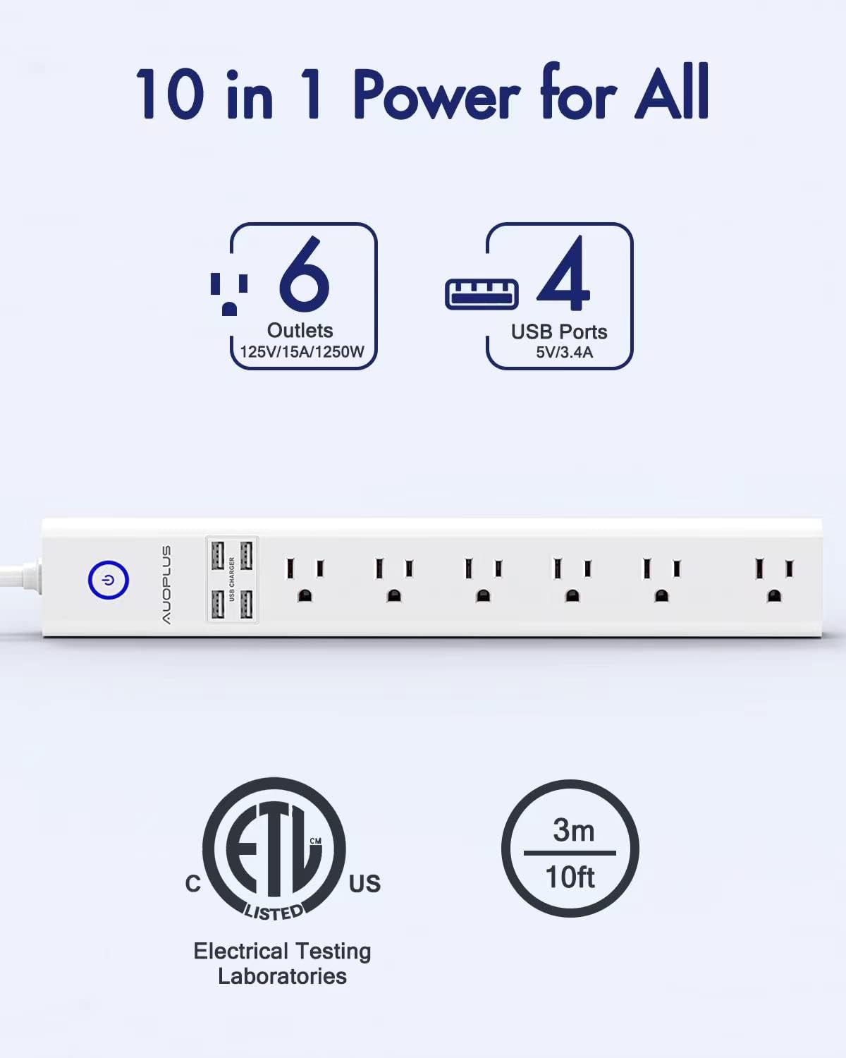 Regleta protectora de sobretensiones con puertos USB 10 pies