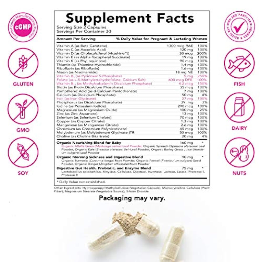 Pink Stork Premium Prenatal: vitaminas prenatales naturales + ingredientes orgánicos de alimentos enteros + folato + vitamina A + vitamina C + zinc + biotina, propiedad de las mujeres, 60 cápsulas