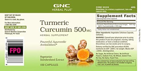 Suplemento GNC Herbal Plus Curcumina de cúrcuma 500mg 100 u