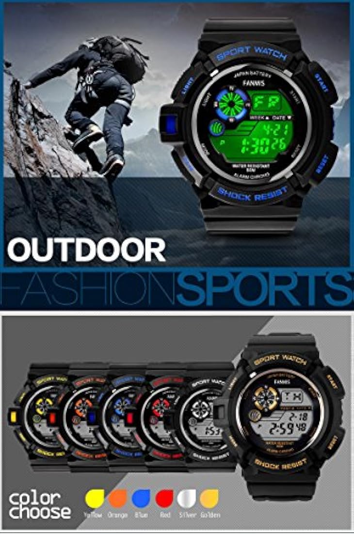 fanmis Militar Mens Deporte Watches Multi Función Impermeable despertador digital negro correa de hule reloj verde
