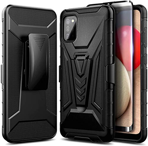 NZND Funda para Samsung Galaxy A03S con protector de pantalla de vidrio templado (máxima cobertura), funda de clip para cinturón con soporte integrado, resistente a los golpes, funda protectora protectora protectora a prueba de golpes (negro)