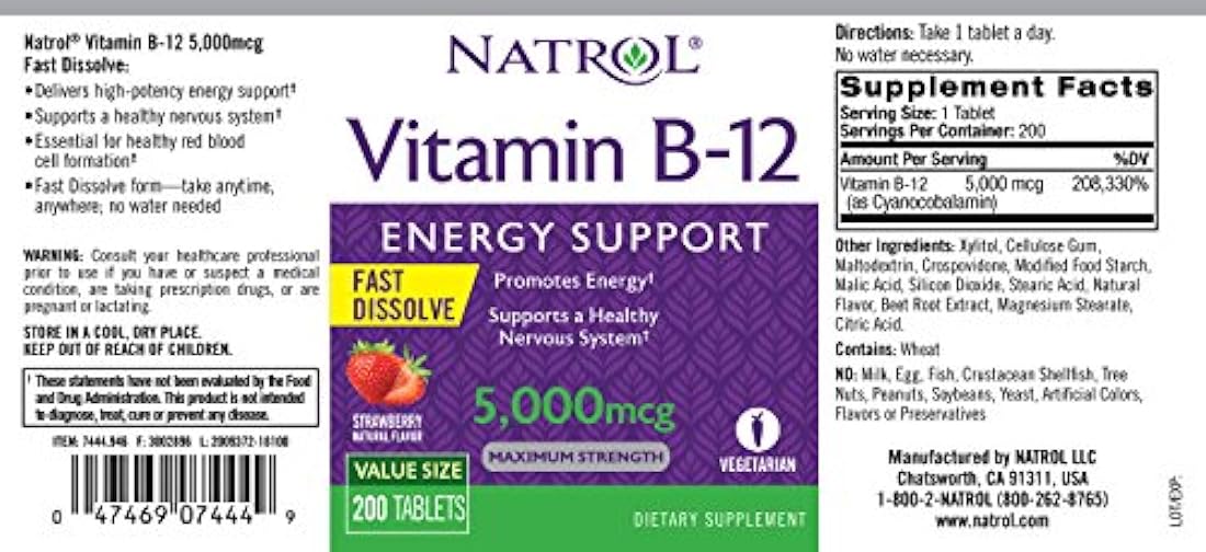 Vitamina B12 tabletas de disuelción rápida, 200 tabletas