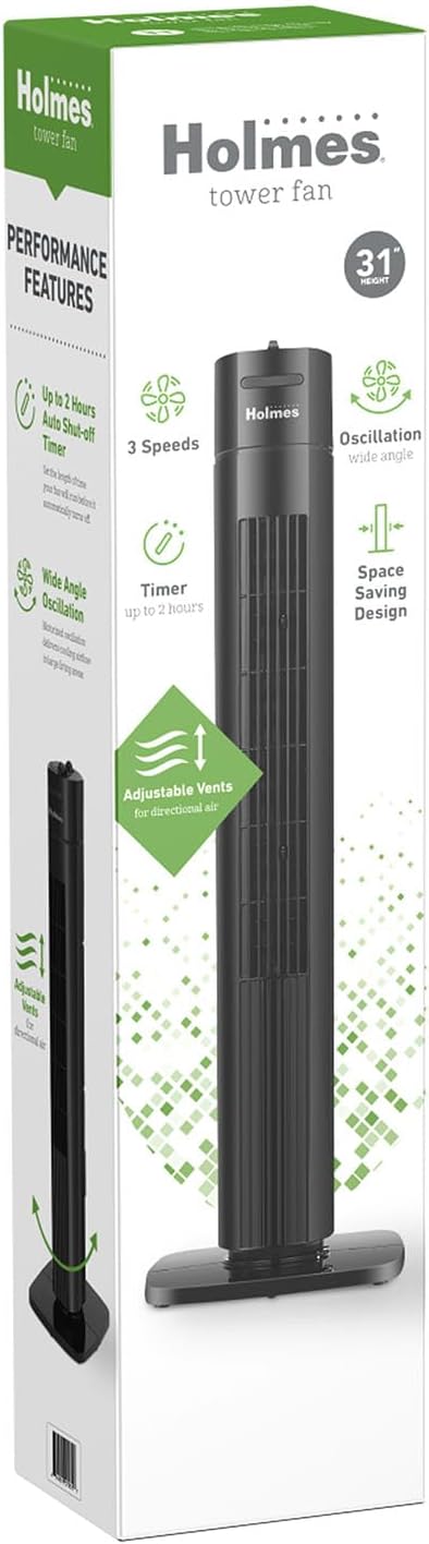 HOLMES Ventilador Torre Manual 31, 3 Velocidades, Oscilación 70°
