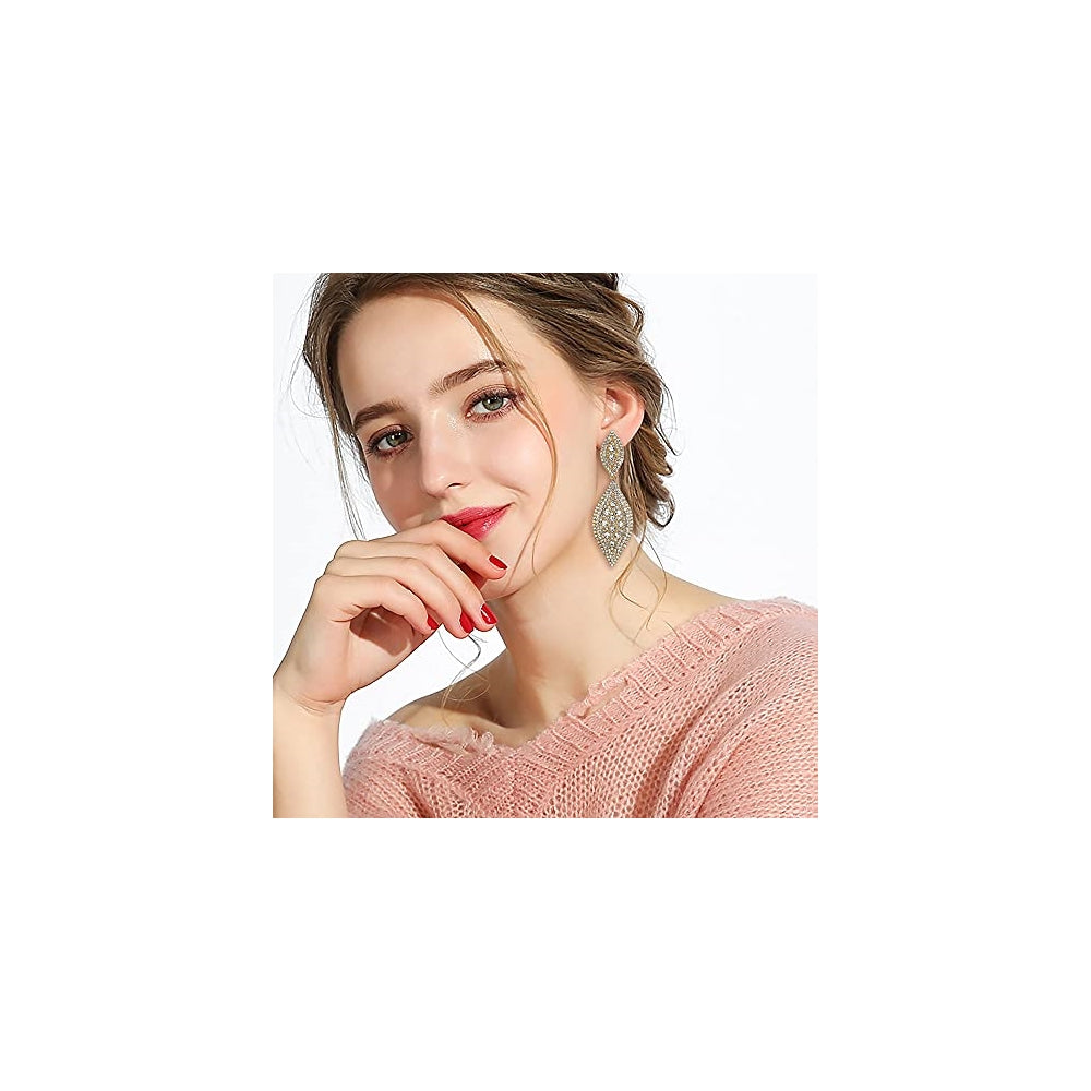 Aretes colgantes de 2 hojas con cristales de estrás dorado