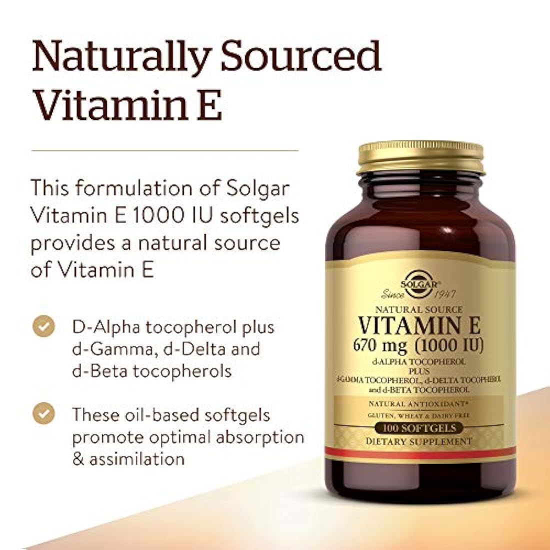 Solgar, Vitamina E, 1.000 IU de D-Alfa-Tocoferol Mixto y Cápsulas Blandas de Tocoferol Mixtas, 100 Unidades, E3561, 1, 1