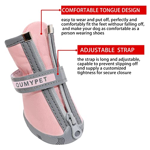 QUMY - Botas para perros pequeños y cachorros, impermeables, para la nieve del invierno, con franja reflectante, suaves y cómodas, con suela de goma antideslizante, color rosa, 4 unidades