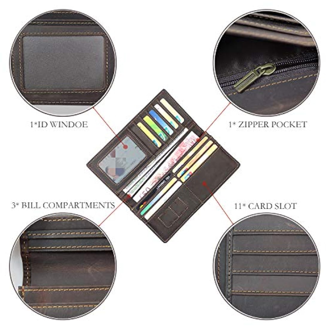 LXFF - Cartera larga de piel auténtica vintage para cheques