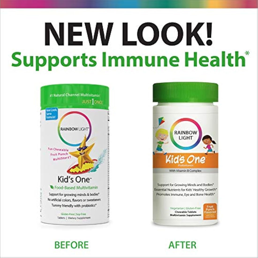 Rainbow Light Kids One Multivitamina con complejo de vitamina B, sabor a fruta – 90 tabletas (el paquete puede variar)