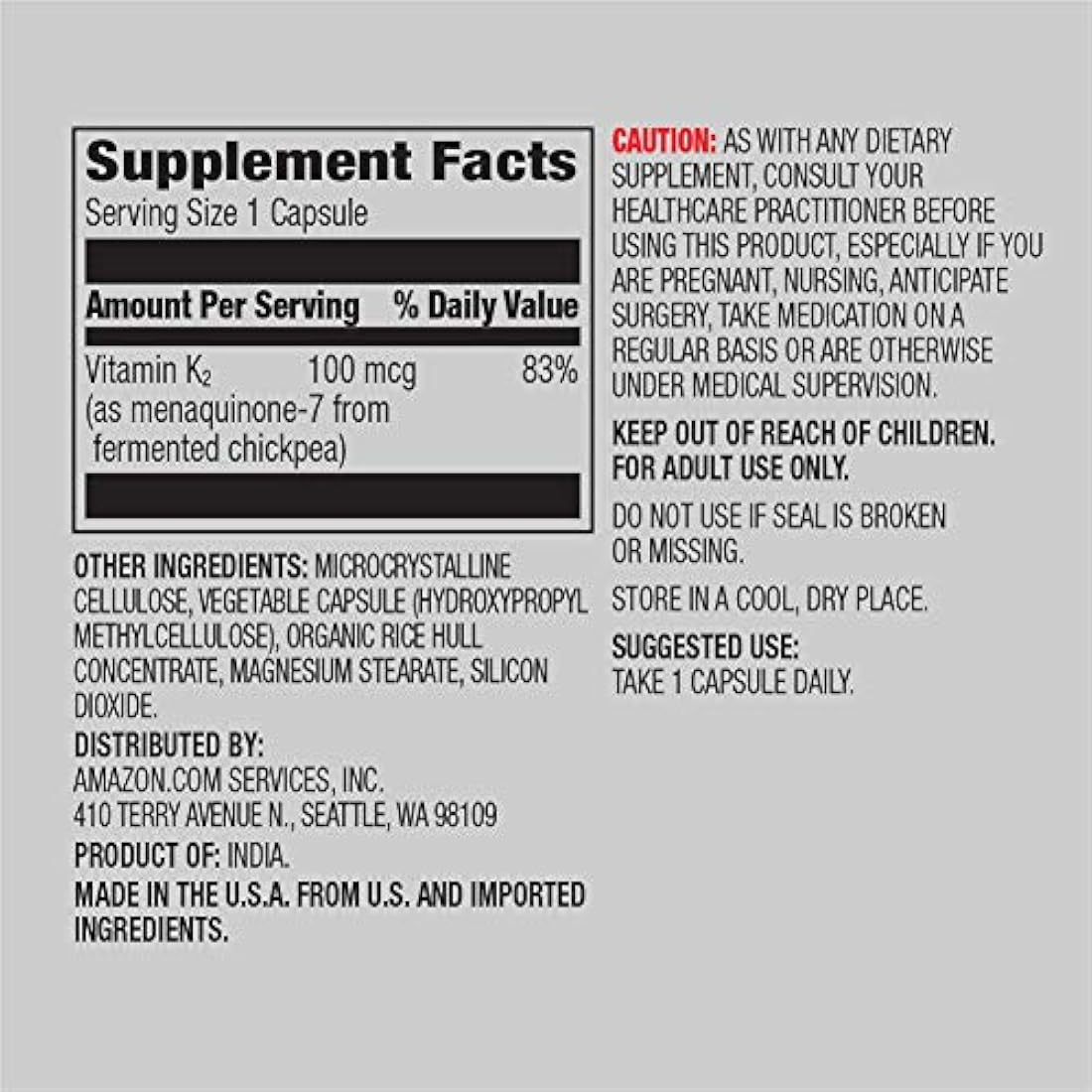 Amazon Elements Vitamina K2, cápsulas de 0.0000035 oz, 65 cápsulas