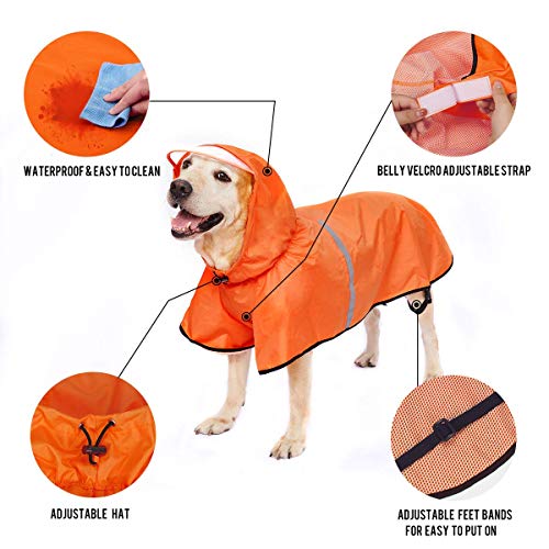 Impermeable para perros con correa ajustable para el vientre y agujero para correa, sudadera con capucha con tira reflectante, impermeable, ligero, transpirable, poncho de lluvia para perros medianos y grandes, fácil de usar, naranja, 3XL