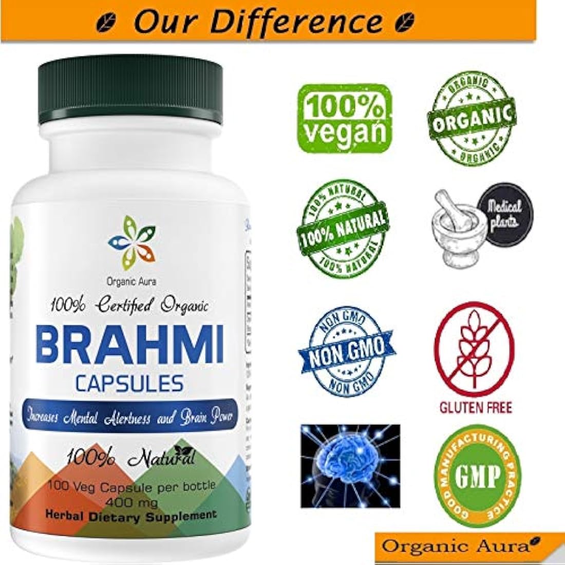 Cápsulas de Aura Brahmi orgánicas certificadas (Bacopa). 100