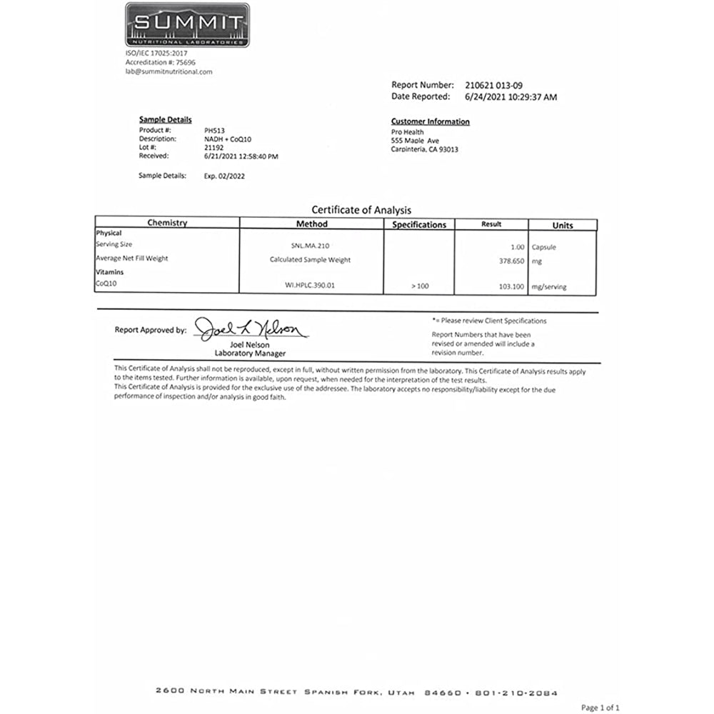 Suplemento NADH + CoQ10 60 días de suministro de NADH