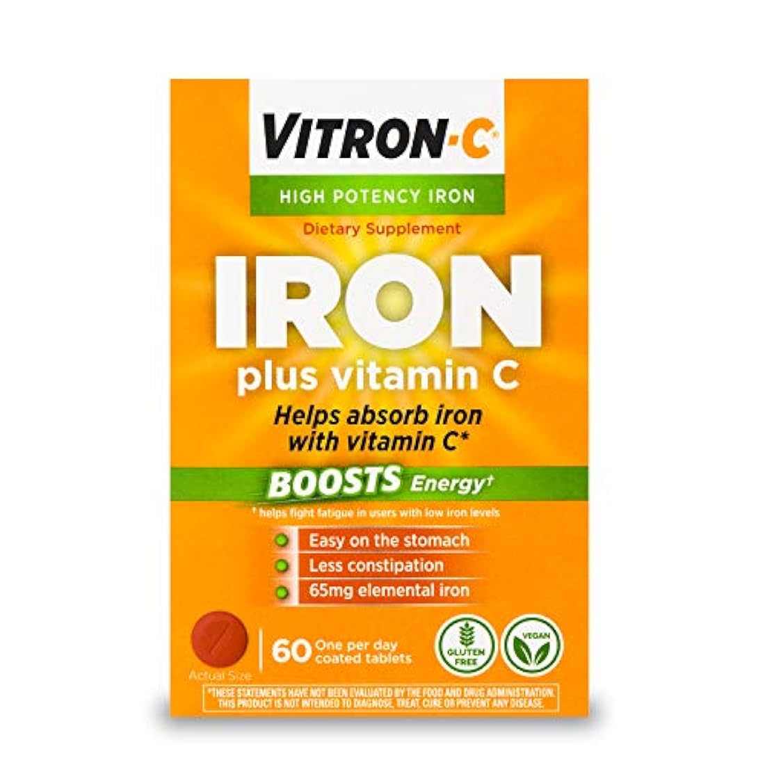 Vitron-C Suplemento de hierro de alta potencia con vitamina C, aumenta la energía, 60 unidades