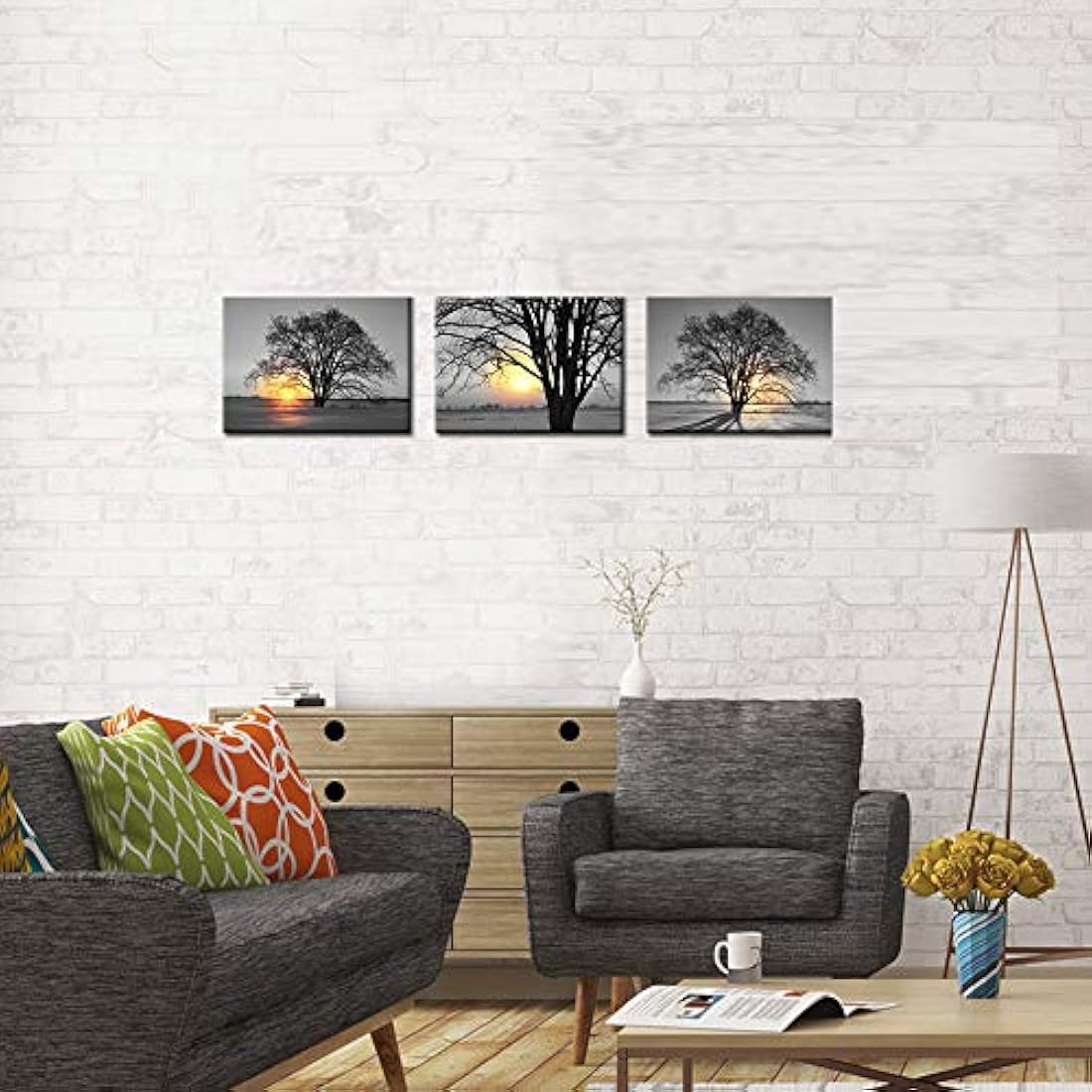 3 piezas de arte de pared de árbol blanco y negro.