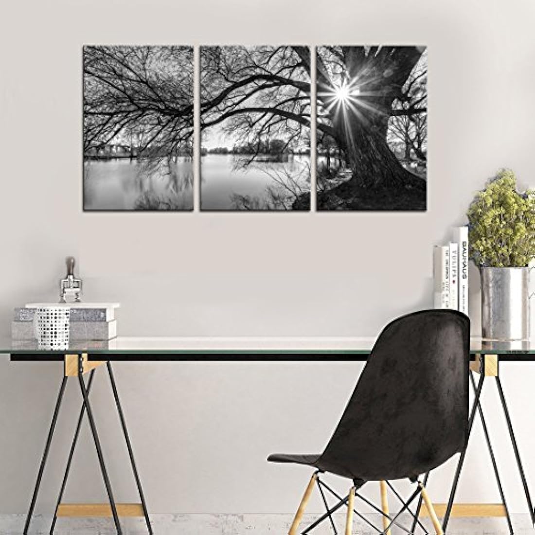 Lienzo decorativo con diseño de árbol blanco y negro