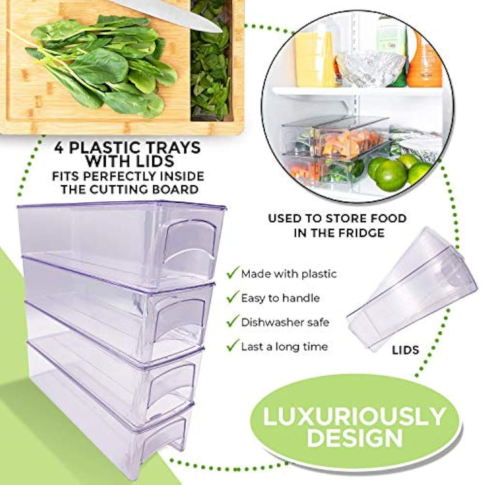 Tabla de cortar de bambú con bandejas y tapas.