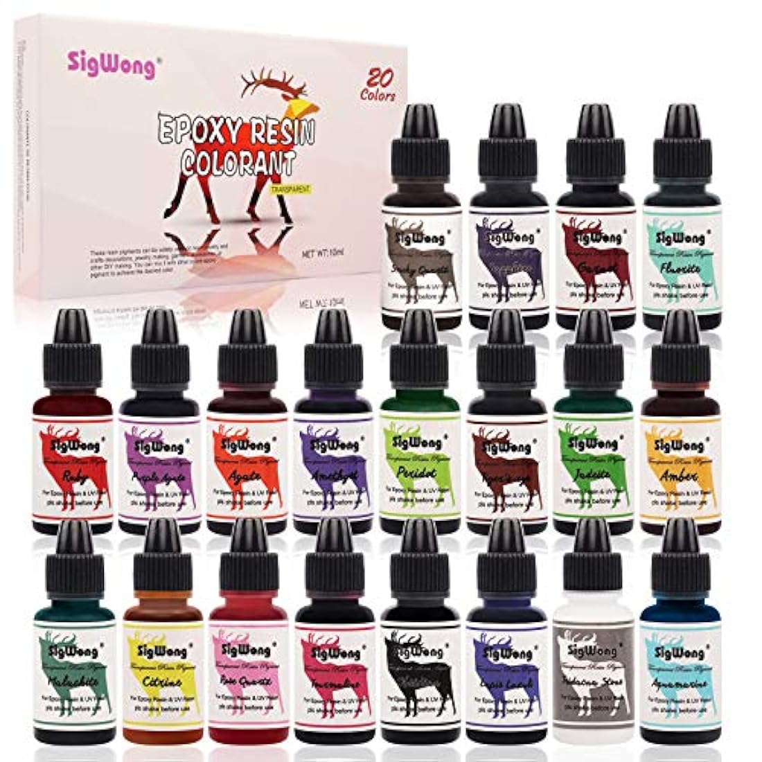 Pigmento de resina epoxi UV – 20 colores líquido transparente resina epoxi UV colorante, tinte de resina epoxi altamente concentrado para bricolaje joyería, resina AB para pintura, manualidades – 0.3 fl oz cada uno