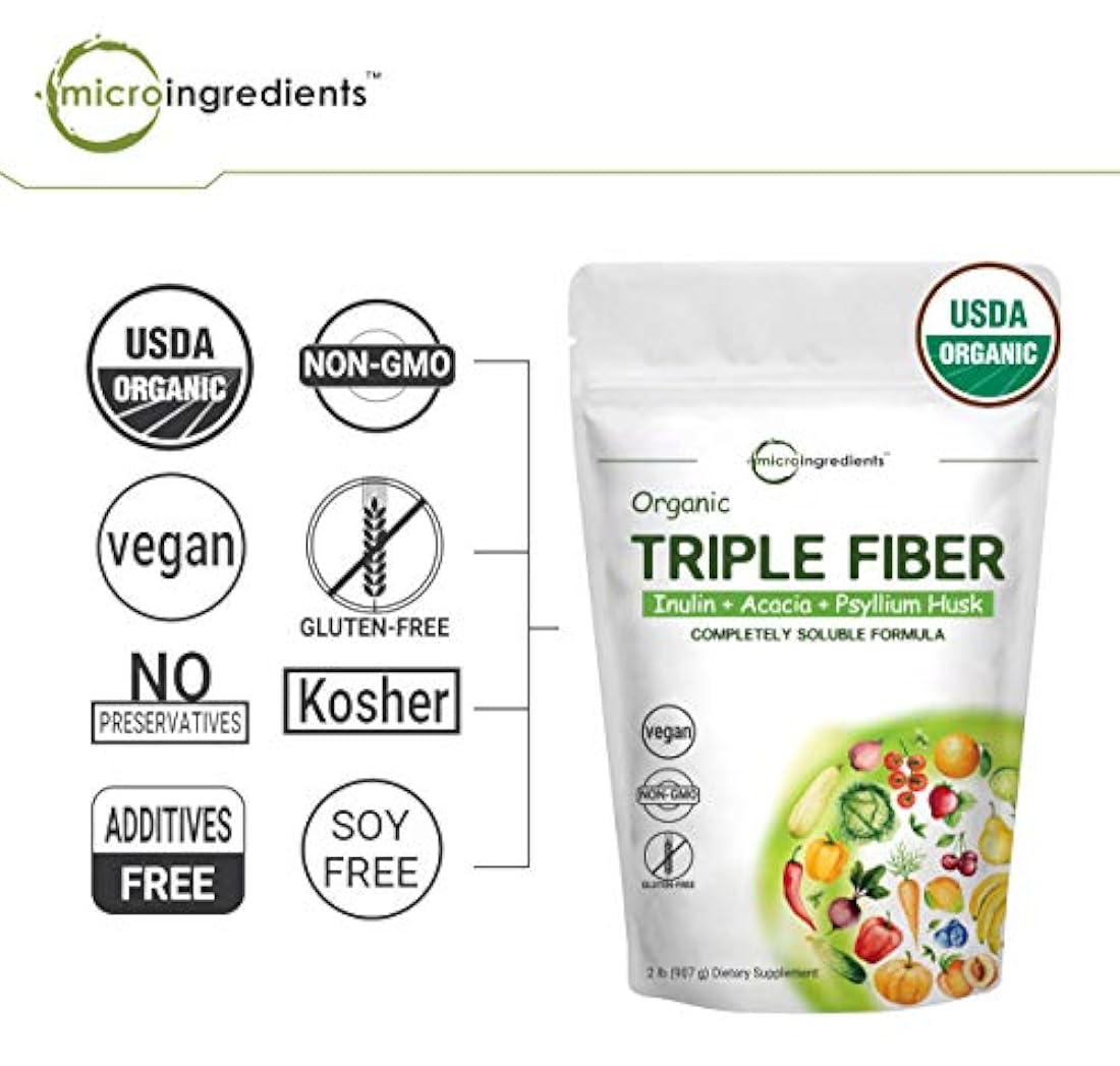 Suplemento orgánico triple de fibra dietética en polvo para la salud digestiva, 2 libras (32 onzas), todo natural, transparente, soluble en agua y libre de sabor, no transgénicos y veganos, 1