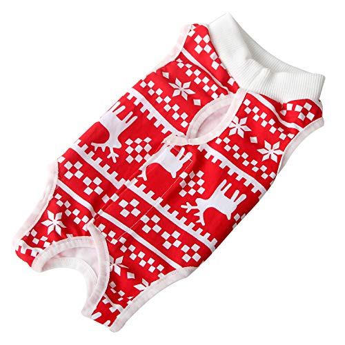 Accesorio traje de recuperación para gatos para heridas abdominales o enfermedades de la piel, alternativa de cuello electrónico para gatos y perros, después de la cirugía, traje de pijama (pequeño, rojo navideño)