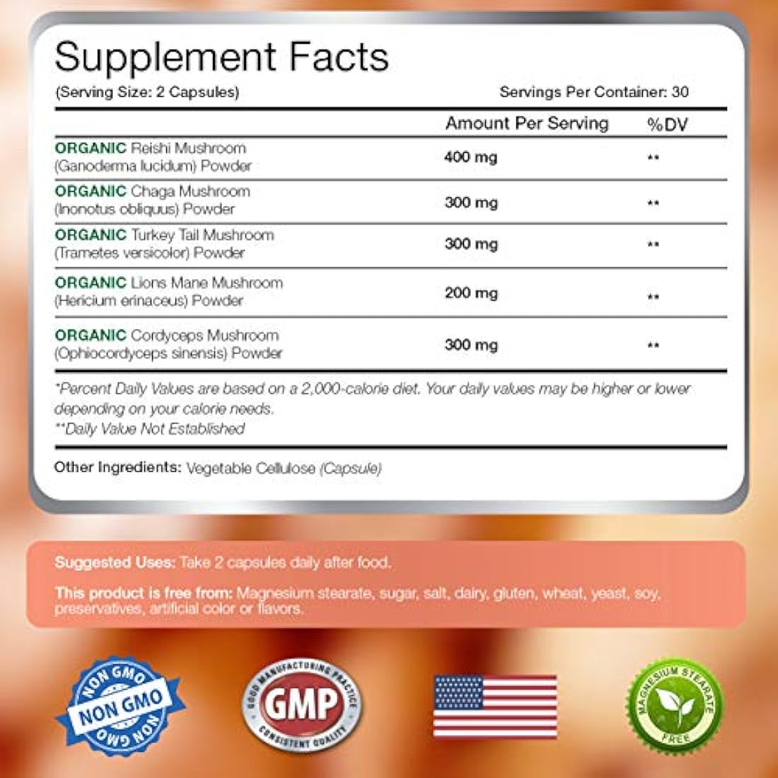 Suplemento de hongos puros – Mane de leones, Reishi, Chaga