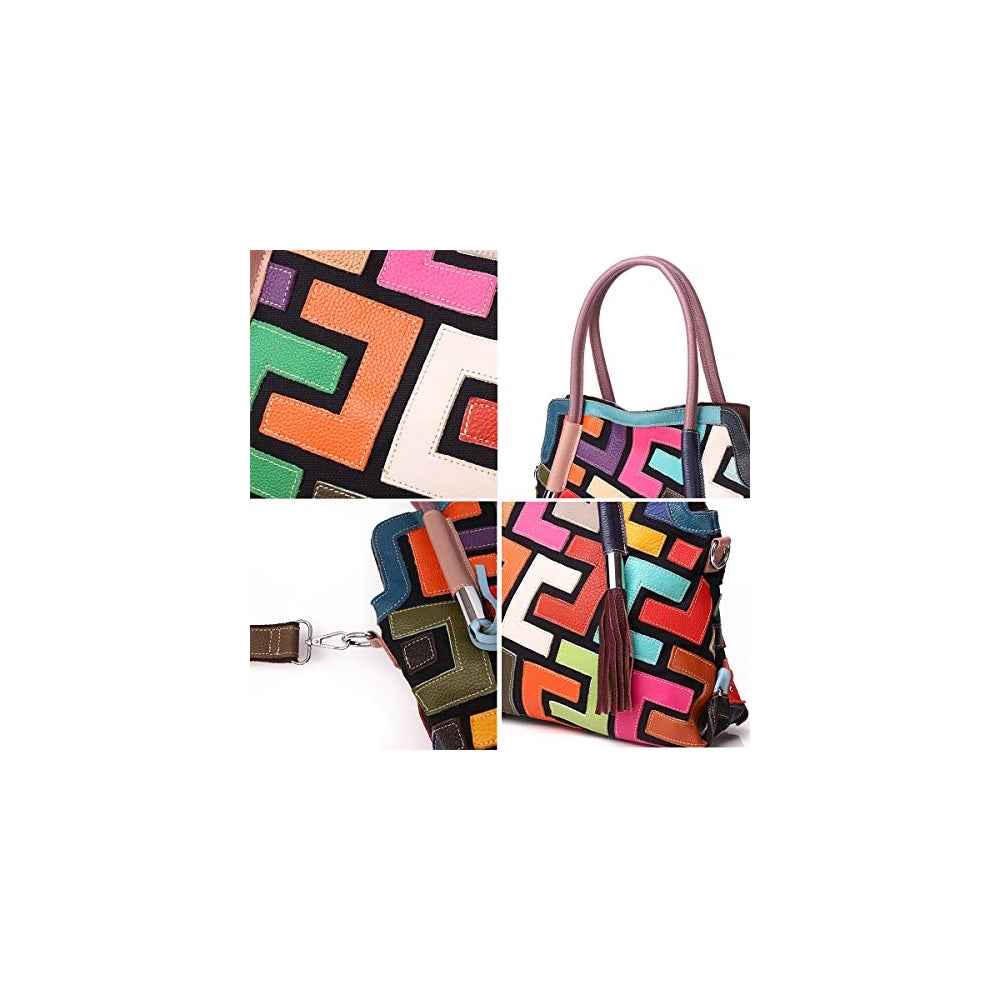 Bolso de mano multicolor Boston para mujer, de piel auténtica, colorido, grande